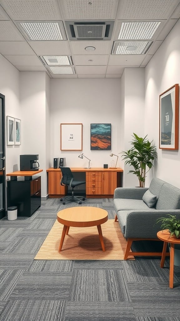 Small break area in a modern office with a couch, coffee station, and desk.