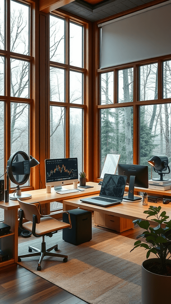 A modern workspace featuring a large desk with multiple monitors, surrounded by big windows letting in natural light.