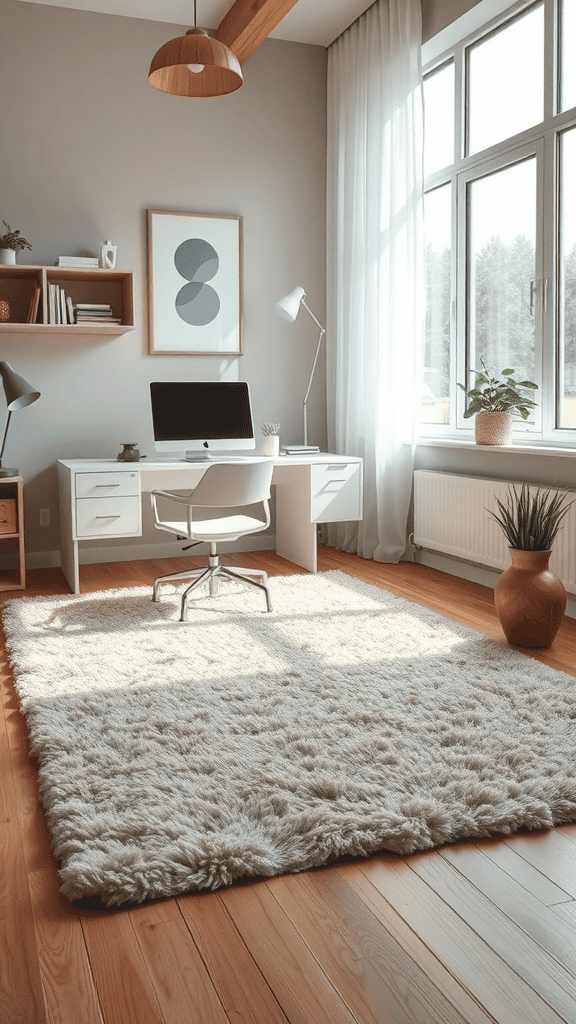 A bright and inviting office space featuring a plush rug, a desk, and large windows.