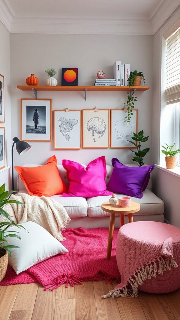 A cozy living space featuring bright neon cushions, a small wooden table, and wall art with plants.