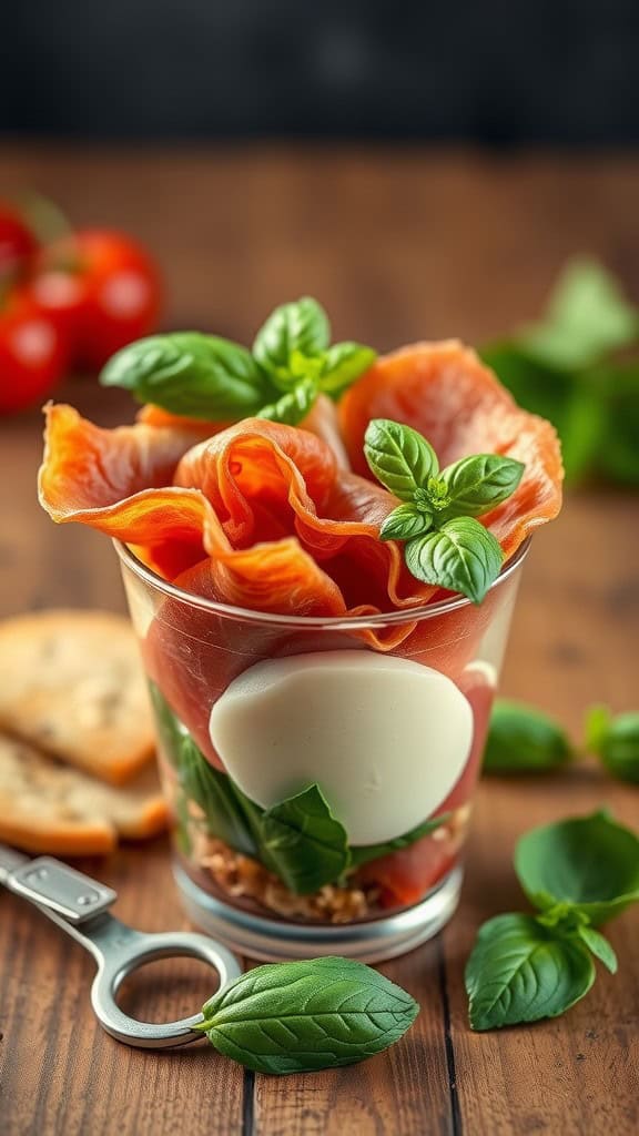 A glass cup filled with prosciutto, mozzarella, and basil, garnished with cherry tomatoes and crackers.