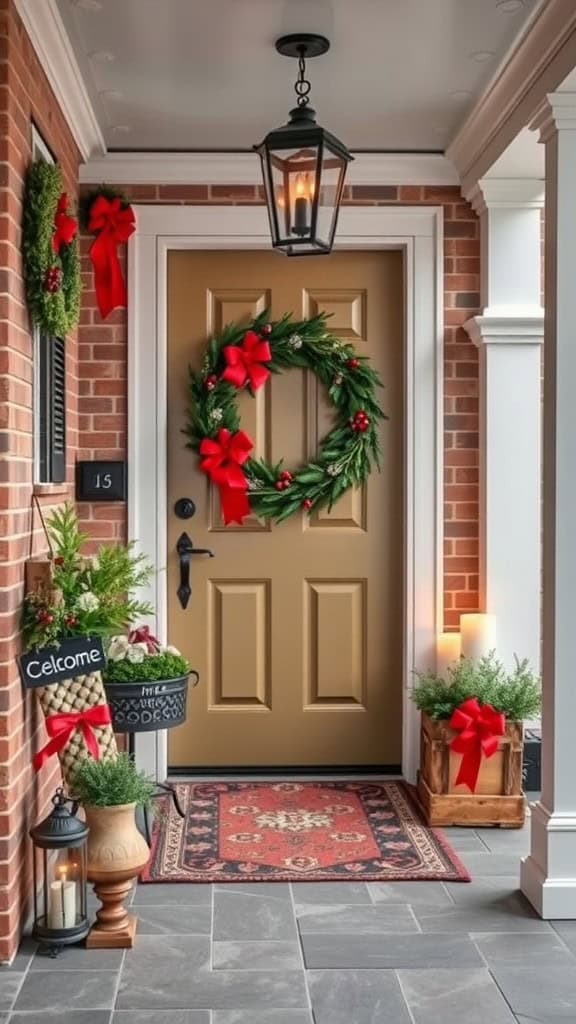 A festive holiday entryway featuring a decorated door with a wreath, potted plants, and decorative lanterns.