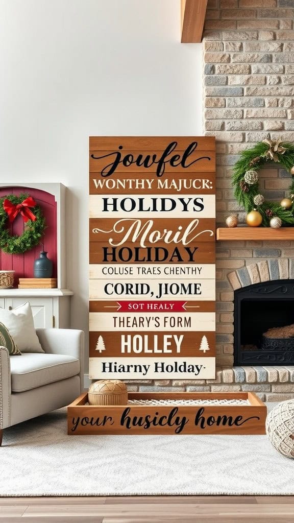 A wooden holiday sign with cheerful messages, decorated in a cozy living space.