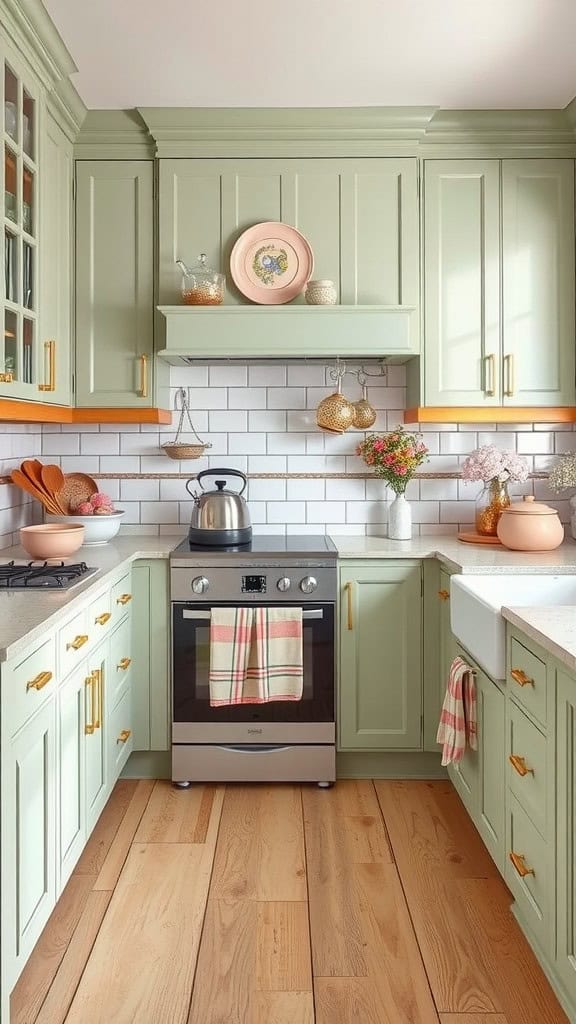 Stylish kitchen with green cabinets, white backsplash, and wooden floor