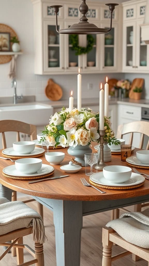 A beautifully set kitchen table with white dishes, a floral centerpiece, and flickering candles.