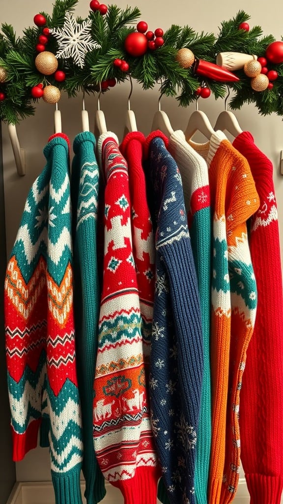 A display of colorful knitted Christmas sweaters hanging on a rack.