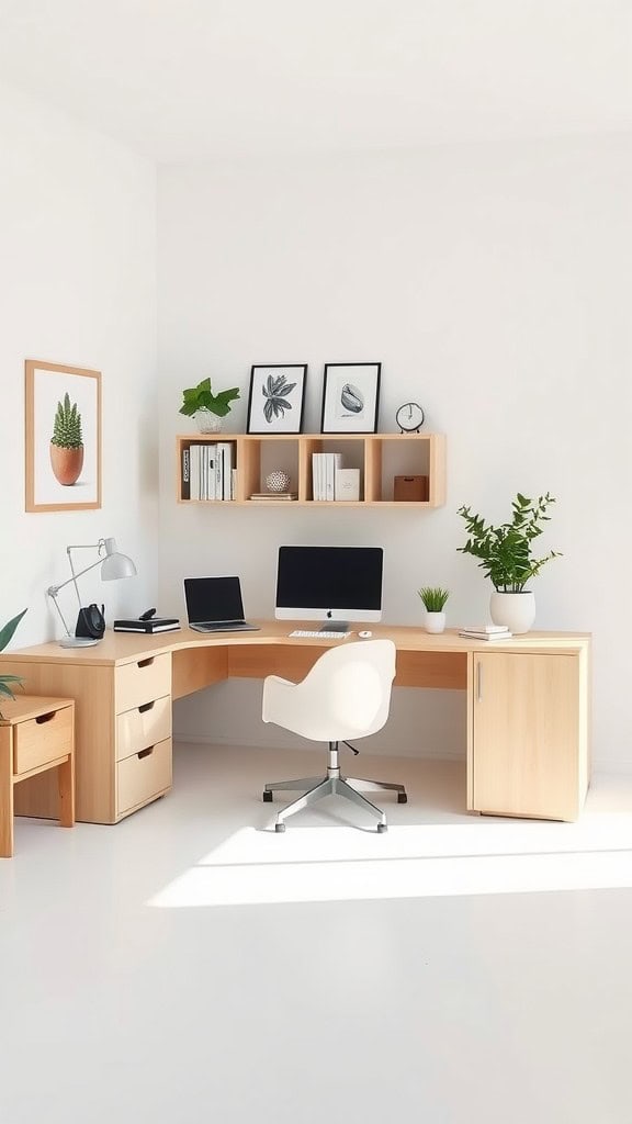 A minimalist home office featuring an L-shaped desk with clean lines and light wood finish, complemented by plants and decor.