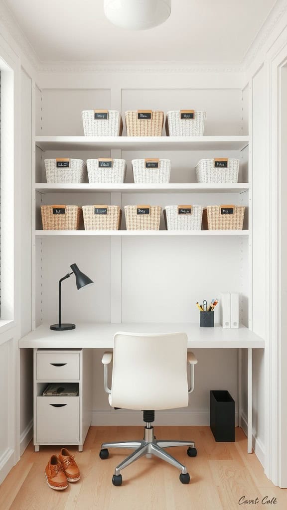 A minimalist home office with labeled baskets on shelves, a desk, and a chair.