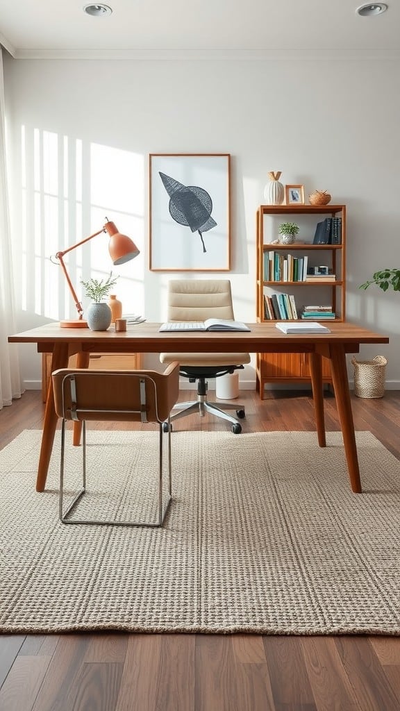 A cozy home office with a large rug under the desk, featuring a wooden desk, chair, and plenty of natural light.