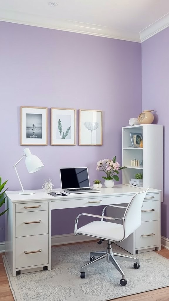 A workspace featuring a lavender accent wall with a white desk, plant, and framed artwork.