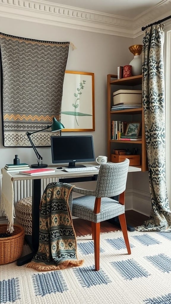 A cozy workspace featuring layered patterns and textures, including a wall hanging, patterned curtains, and a textured chair with a soft throw.