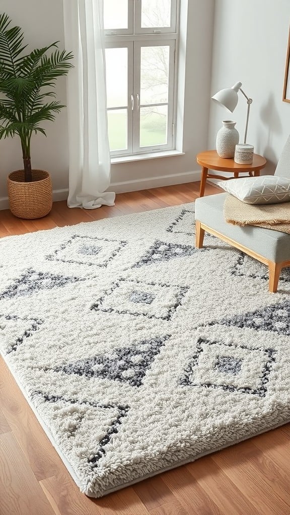 Cozy living room with a plush layered rug and natural light