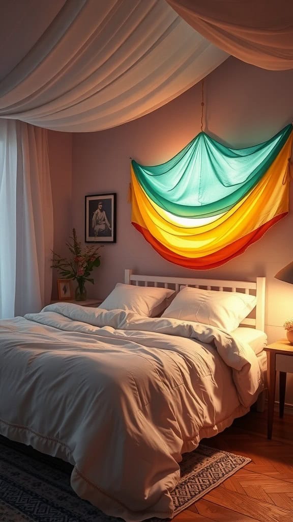 Cozy bedroom with white bed, layered lighting, and colorful fabric decoration.