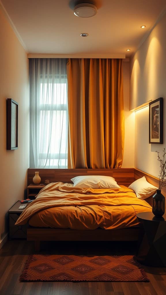 A cozy minimalist bedroom with layered lighting and warm tones.