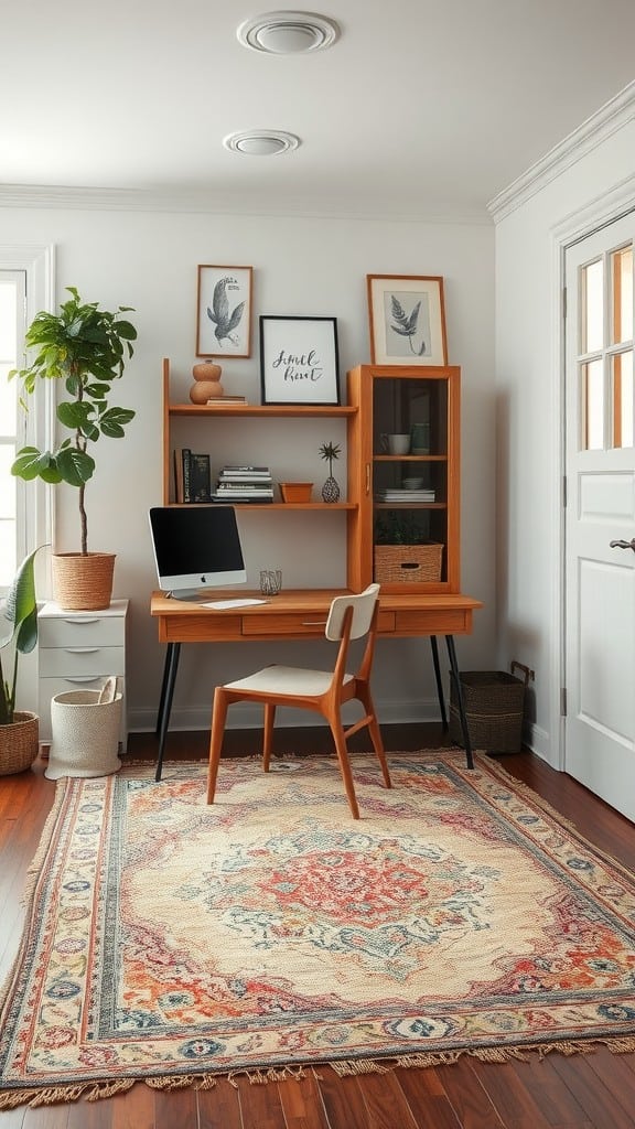 Cozy home office with layered rugs and wooden desk