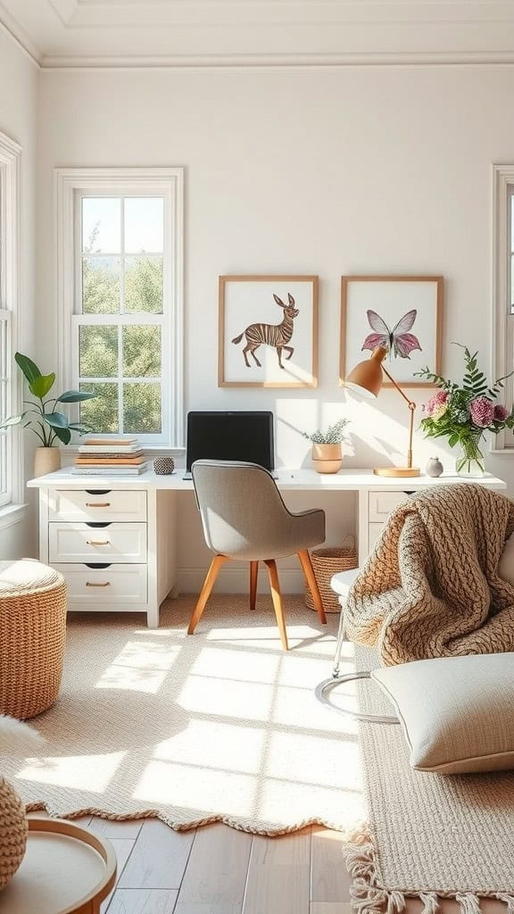 A bright feminine office featuring layered textiles and a cozy design with natural light.