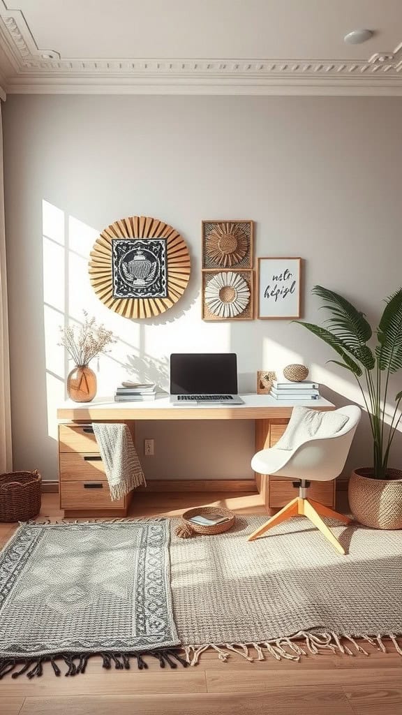 A cozy workspace featuring a light wood desk, layered rugs, and textured wall art.