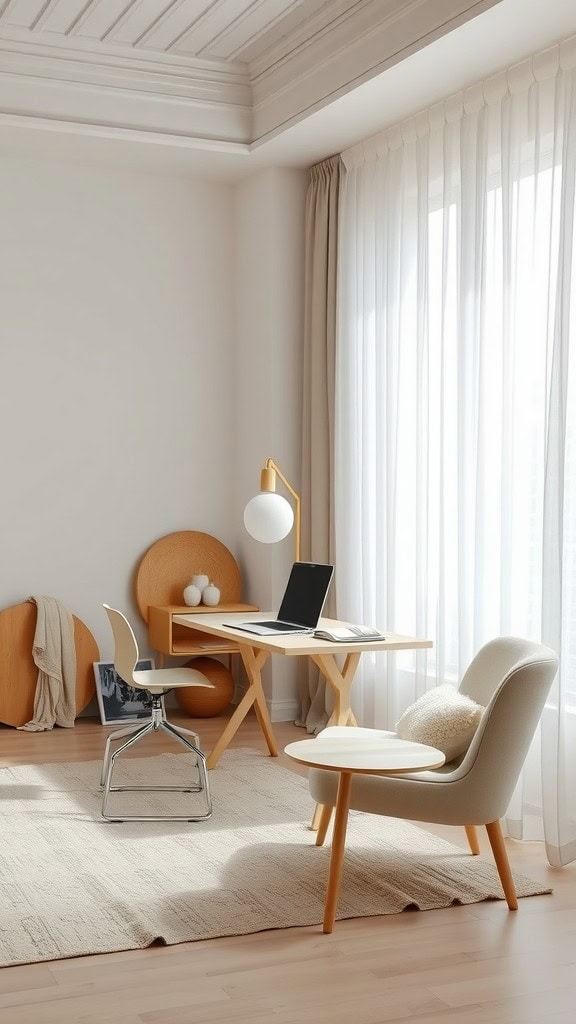 A minimalist home office featuring a wooden desk, a chair, and soft curtains, creating a cozy work environment.