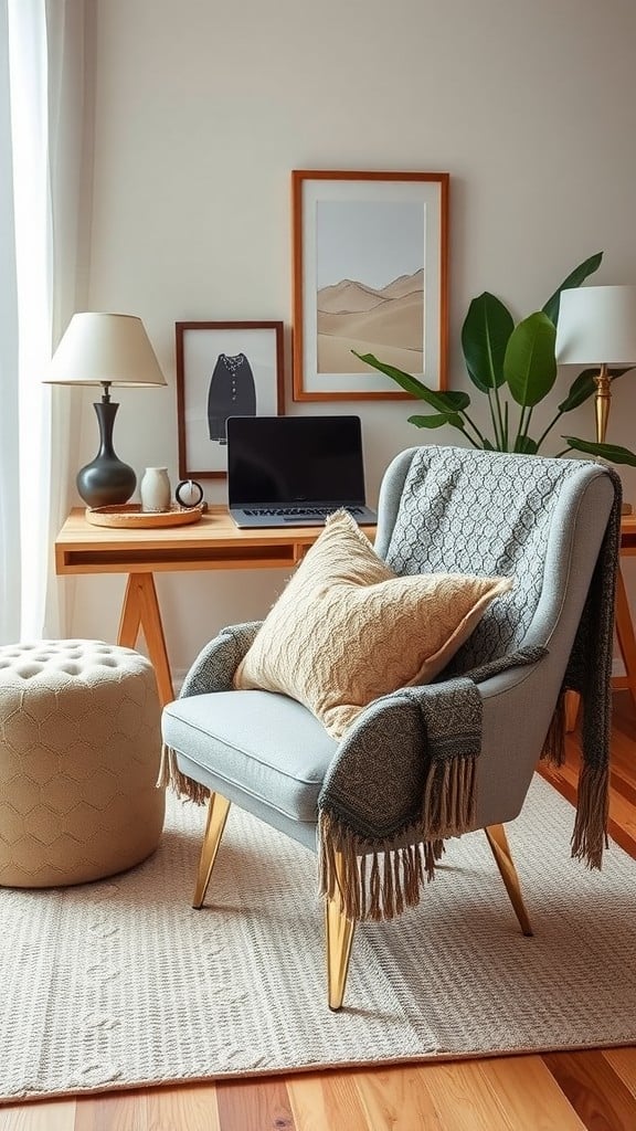 Cozy living space featuring a neutral rug, a blue chair, and wooden furniture.