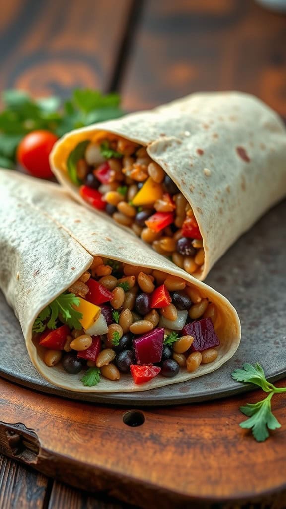 A close-up of a lentil and roasted beet wrap filled with beans and colorful vegetables