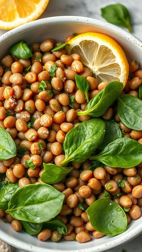 A bowl of lentils mixed with fresh spinach leaves and a slice of lemon on top.