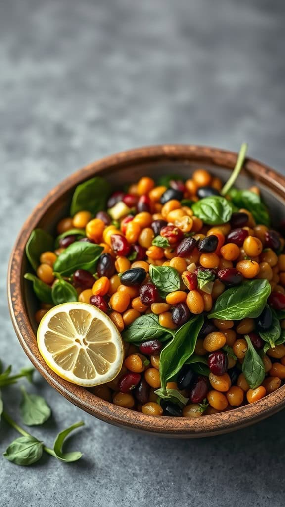 A vibrant lentil and spinach salad with cherry tomatoes and a lemon wedge