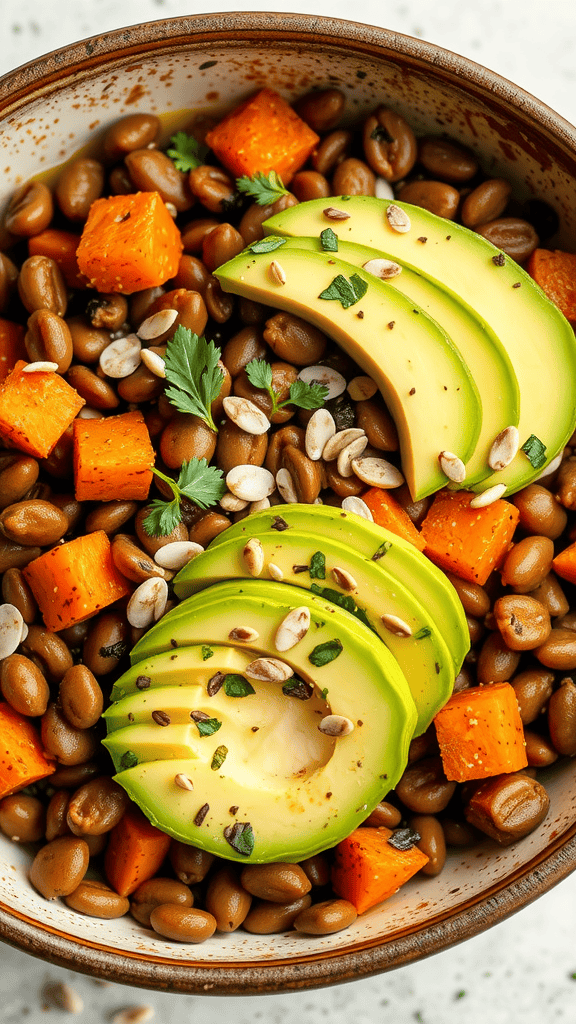 A vibrant bowl filled with lentils, sweet potato cubes, and sliced avocado topped with seeds and herbs.