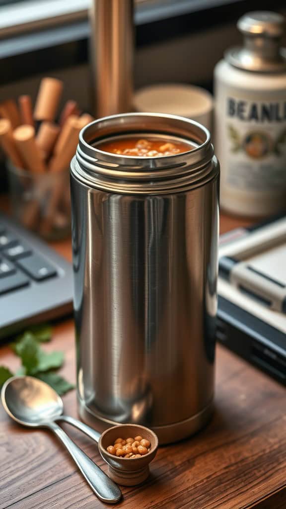 A thermos filled with lentil soup, placed on a wooden table with a spoon and a small bowl of lentils beside it.