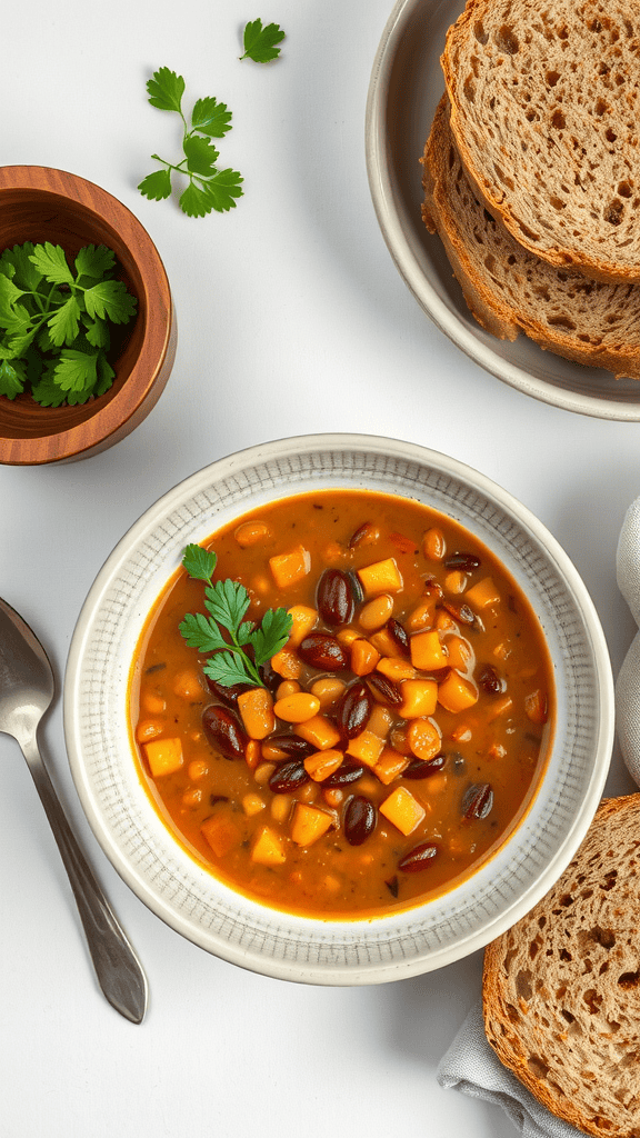 A bowl of lentil soup with assorted beans and vegetables, garnished with parsley, served with slices of whole grain bread.