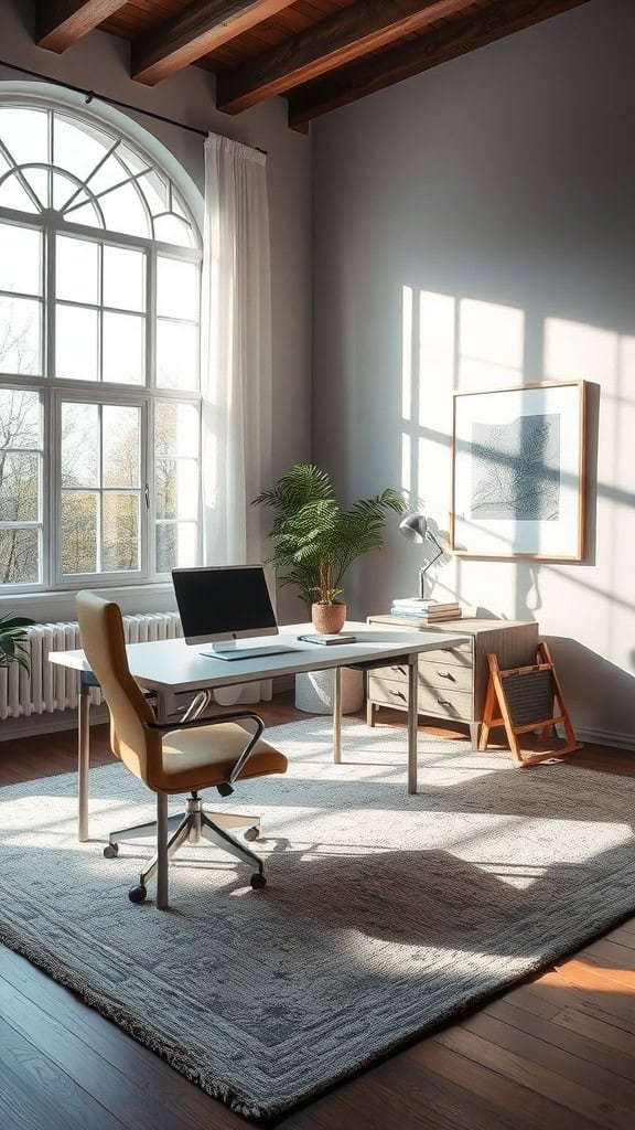 A bright and airy office space featuring a neutral rug, large windows, and a stylish desk with a chair.