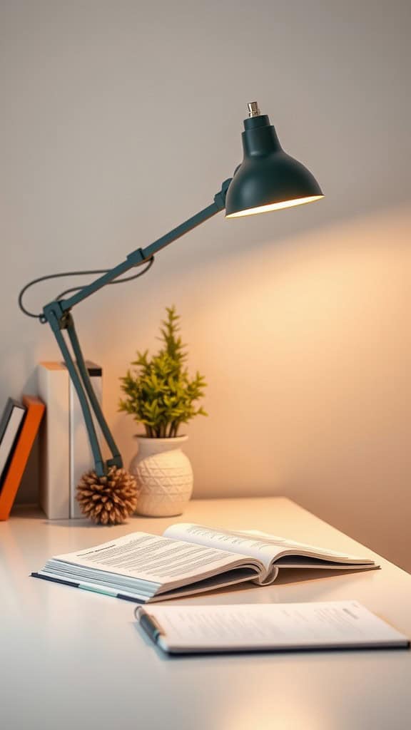 A desk lamp illuminating an open book on a study table.