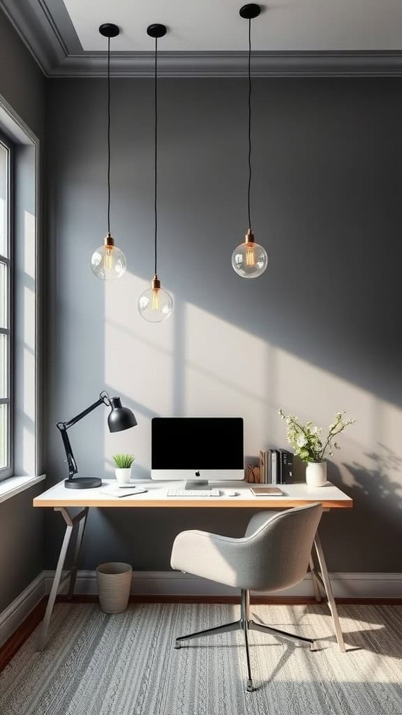 A stylish workspace with grey walls, three pendant lights, and a desk setup.