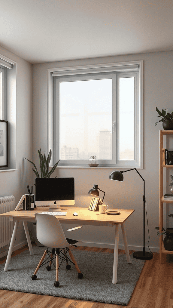 A well-lit modern office space with a desk, computer, and plants.