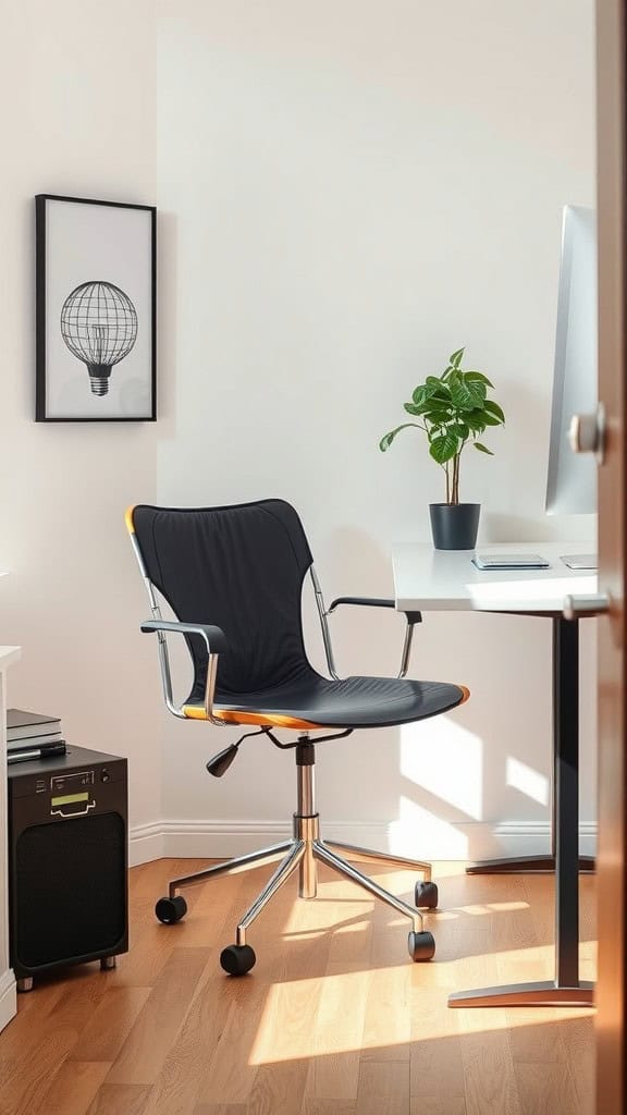 A stylish lightweight chair in a modern home office setting with a plant and a desk.