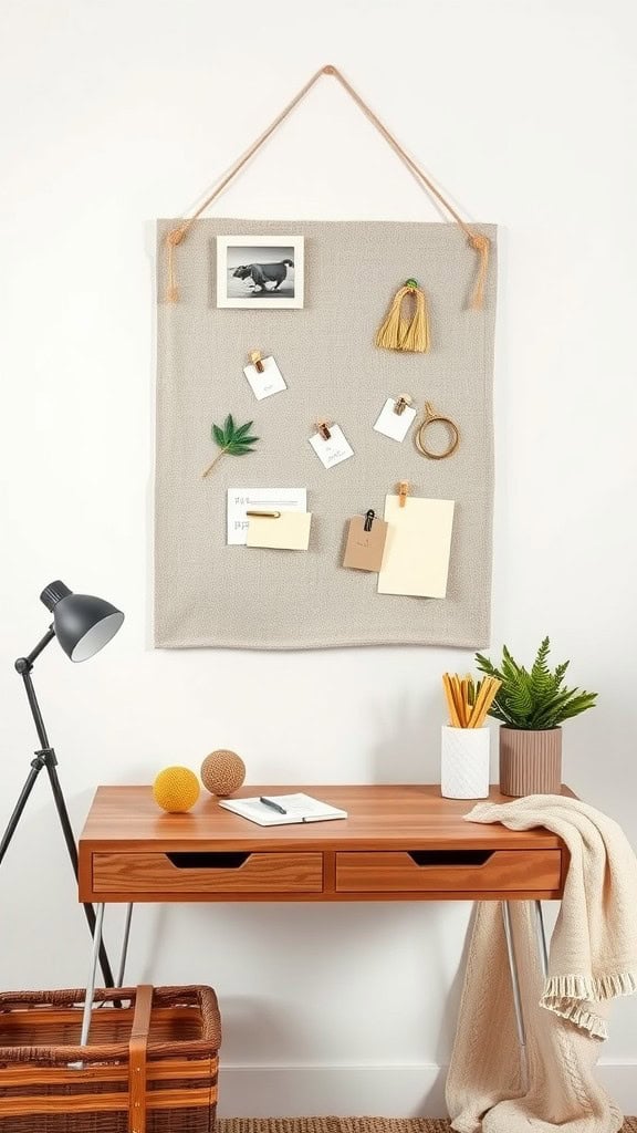 A cozy home office setup featuring a wooden desk, a linen pinboard with notes, and a decorative plant.