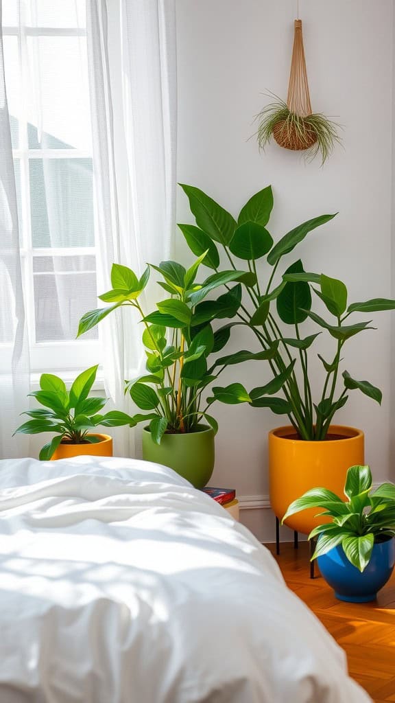 A cozy bedroom with a white bed and vibrant plants in colorful pots