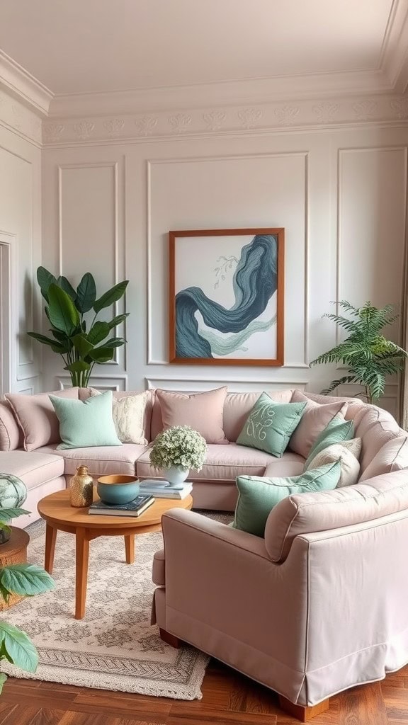 Cozy and stylish living room with soft pink couch, green cushions, wooden table, and plants.