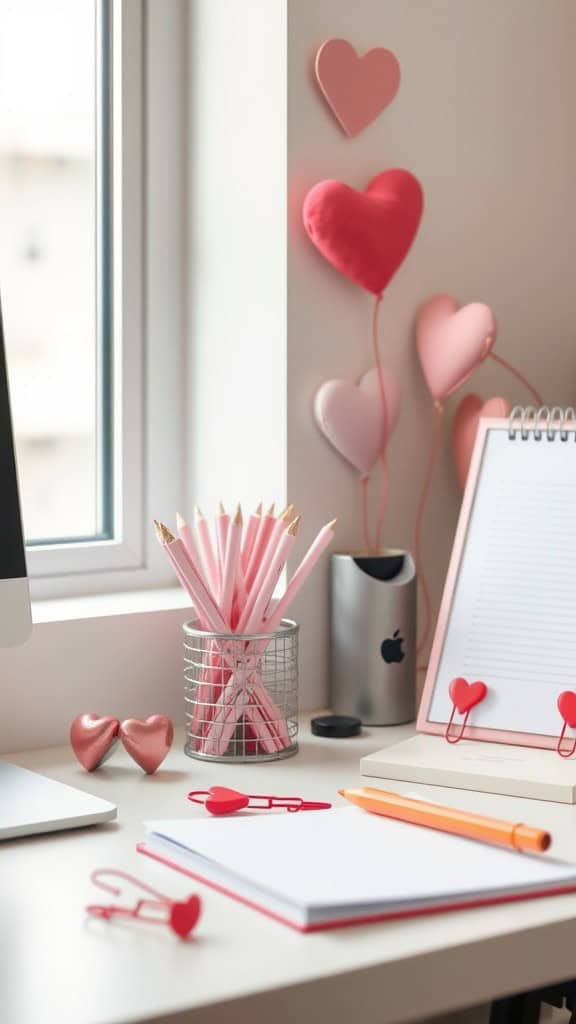 A desk with love-themed accessories, including heart-shaped clips, pink pencils, and heart decorations, creating a cheerful workspace.