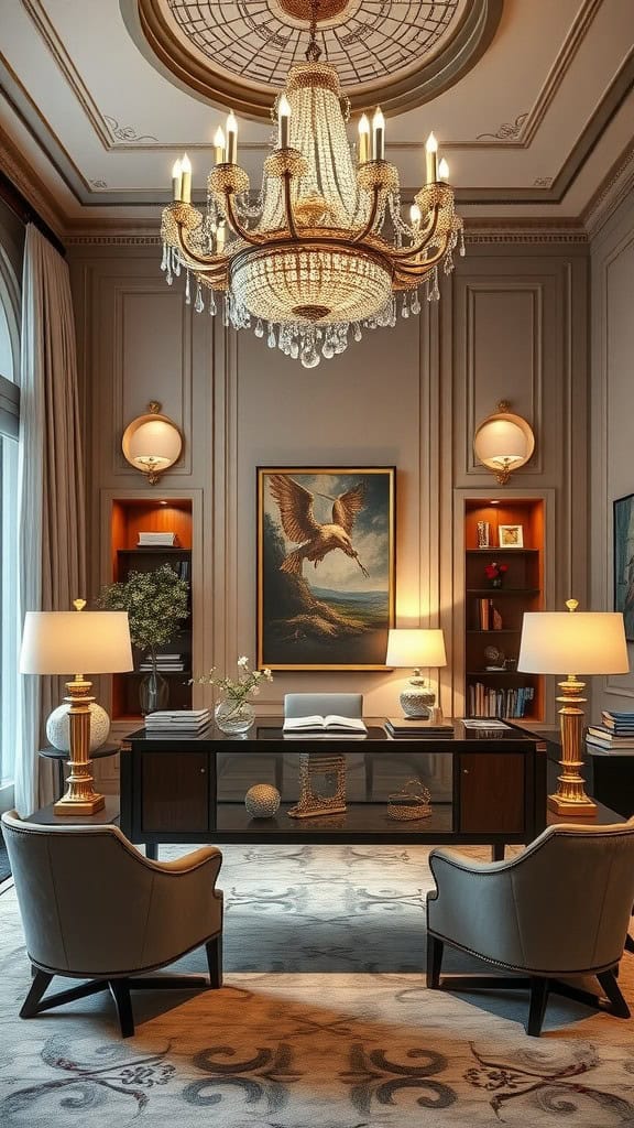 Luxury home office featuring an ornate chandelier, elegant lamps, and stylish furniture