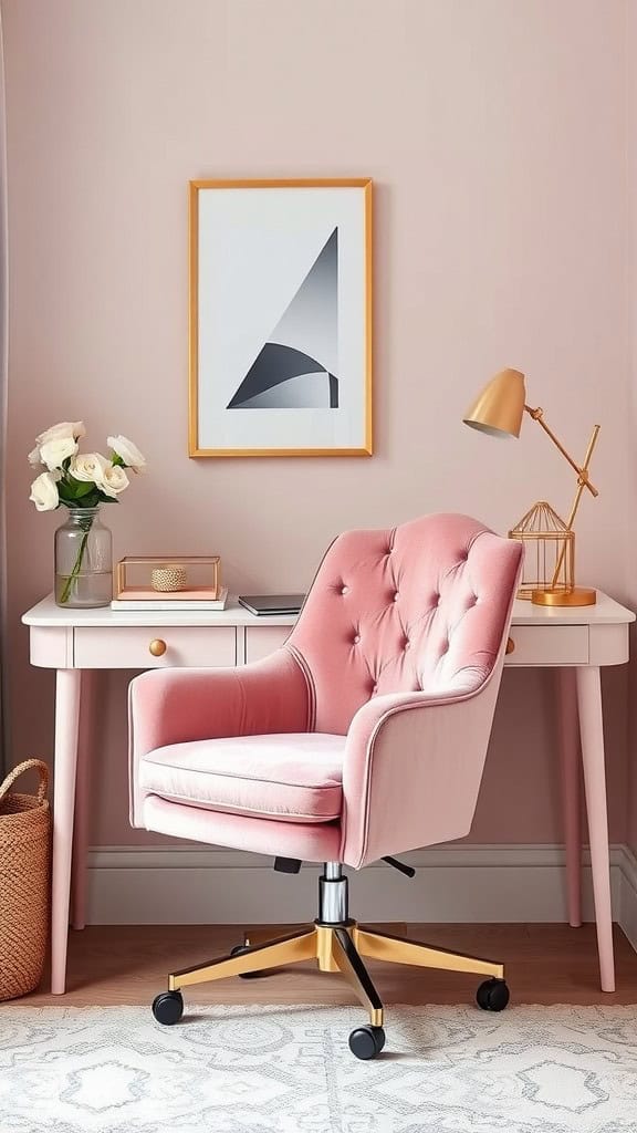 Stylish pink velvet office chair with gold accents in a bright feminine workspace