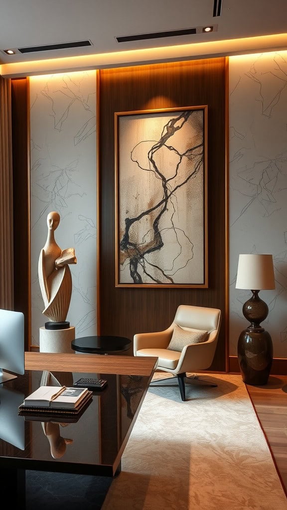 A luxury home office featuring abstract wall art and a stylish sculpture.