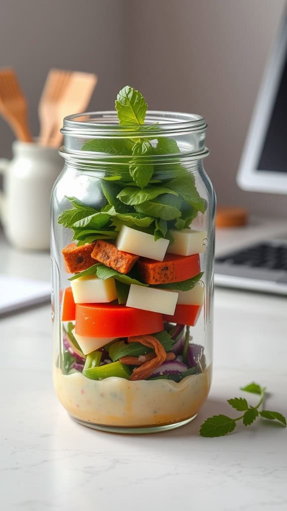 A mason jar filled with layered salad ingredients, featuring colorful vegetables and dressing at the bottom.