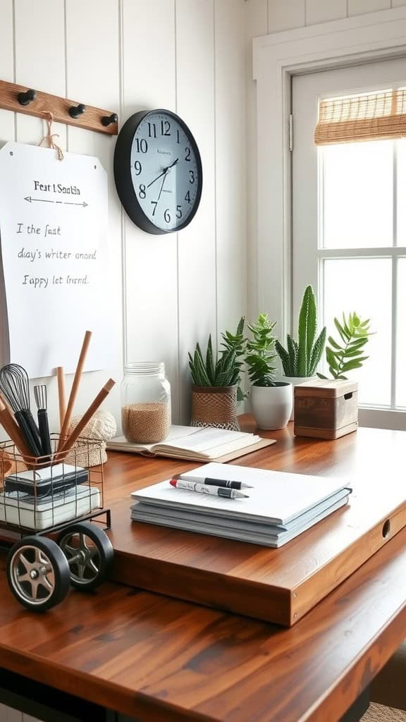 A cozy home office desk with mason jars, plants, and stationery.