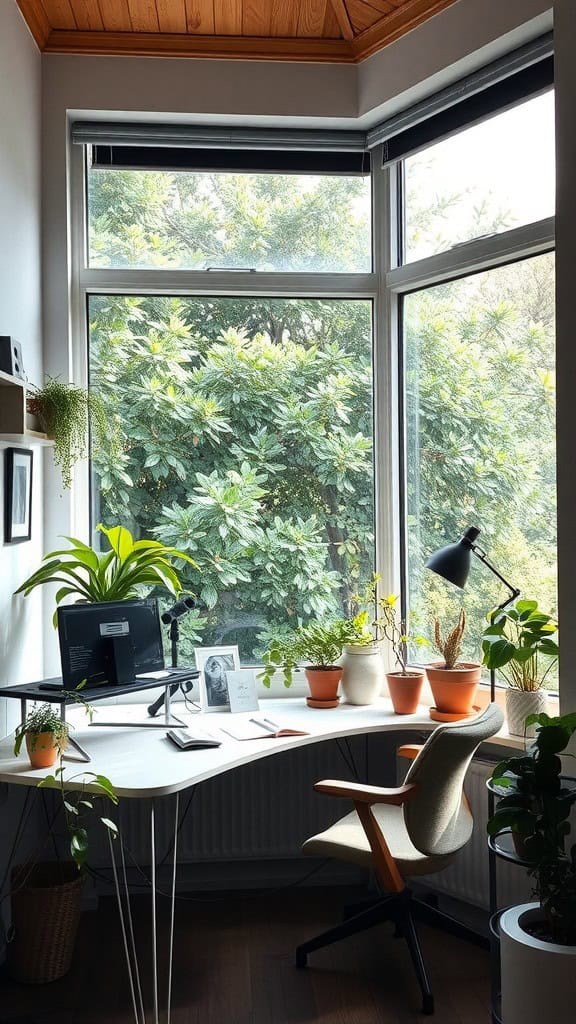 Cozy home office with plants and large windows