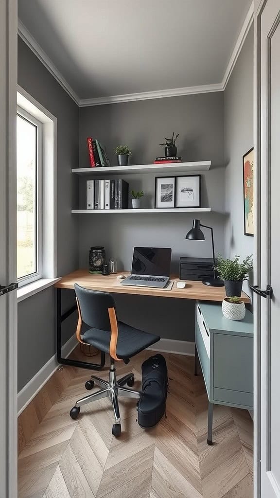 Cozy small home office with grey walls, wooden desk, and ergonomic chair.