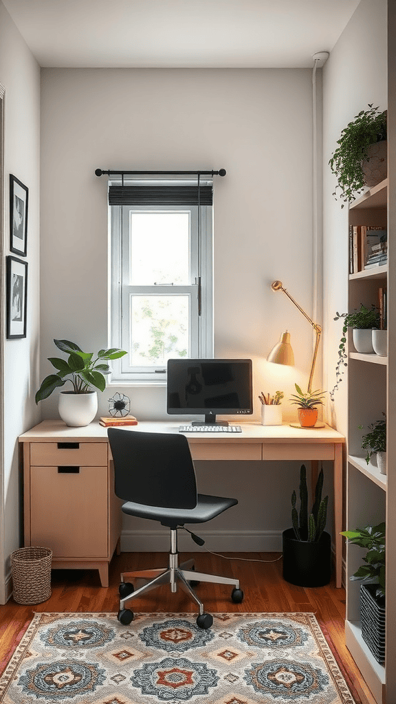 A small home office with a desk, computer, and plants, featuring a small window that lets in natural light.