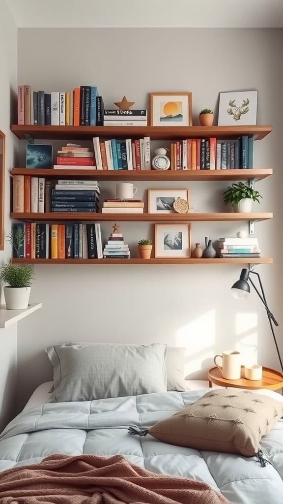 A cozy bedroom featuring floating shelves filled with books and decorative items above a neatly made bed.