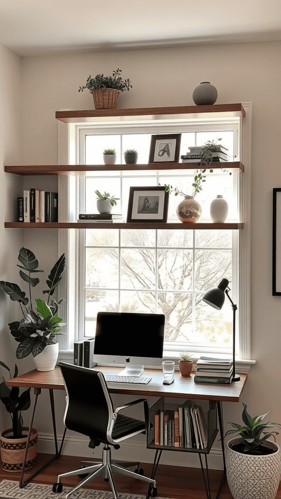 A cozy workspace featuring a desk, chair, and shelves above a window filled with plants and decor.