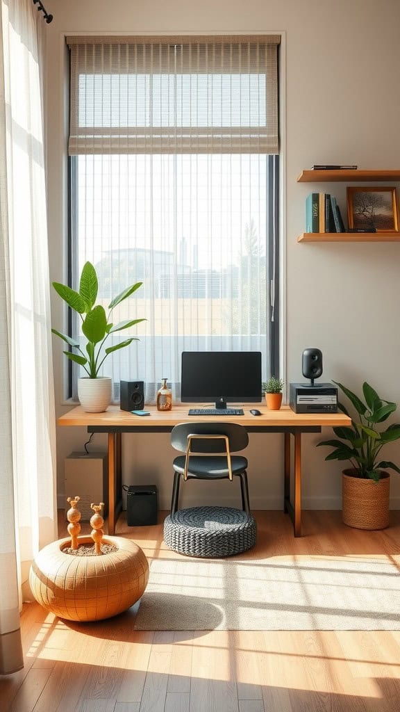 A modern feminine home office with natural light, plants, and a cozy workspace.