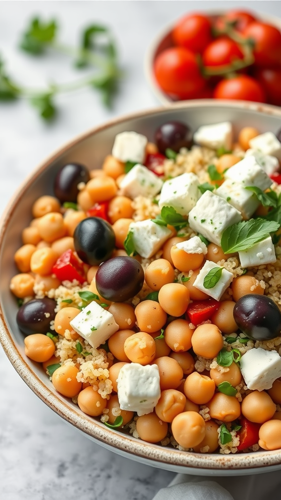 A colorful Mediterranean Chickpea Quinoa Bowl with chickpeas, quinoa, olives, feta cheese, and cherry tomatoes.